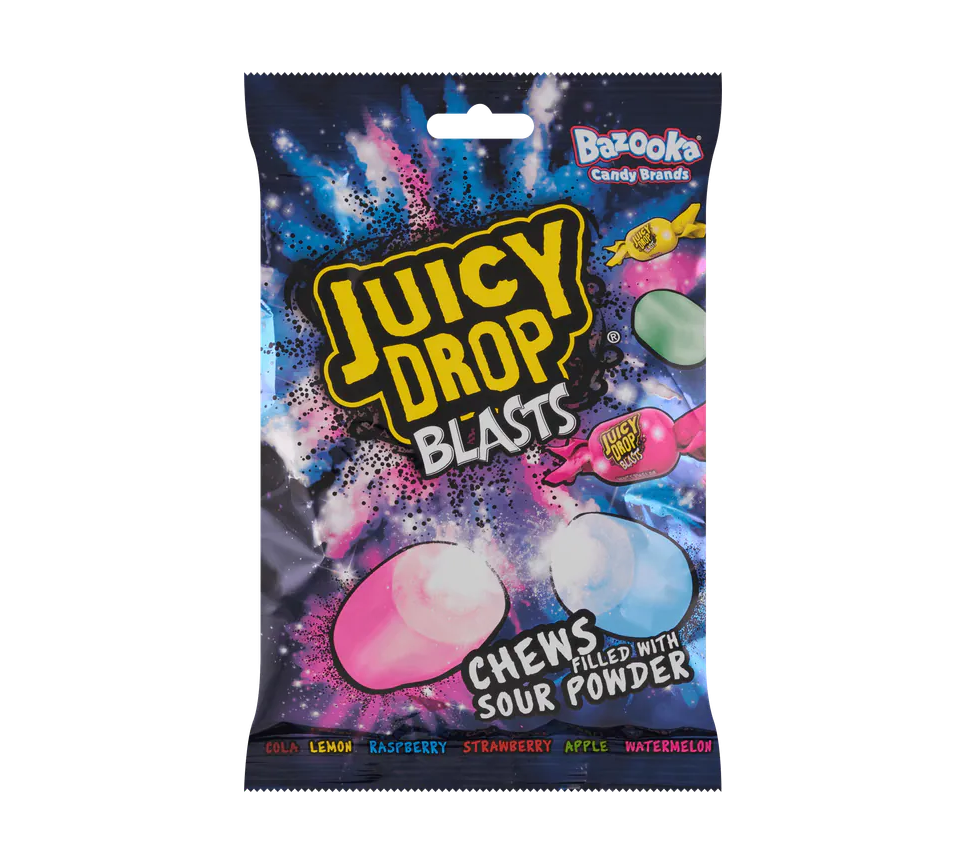 01072025 1751380370245 1751380378241 5011053024436 1 Bazooka Juicy Drop Blasts Chews Filled with Sour Powder (12 X 120G)