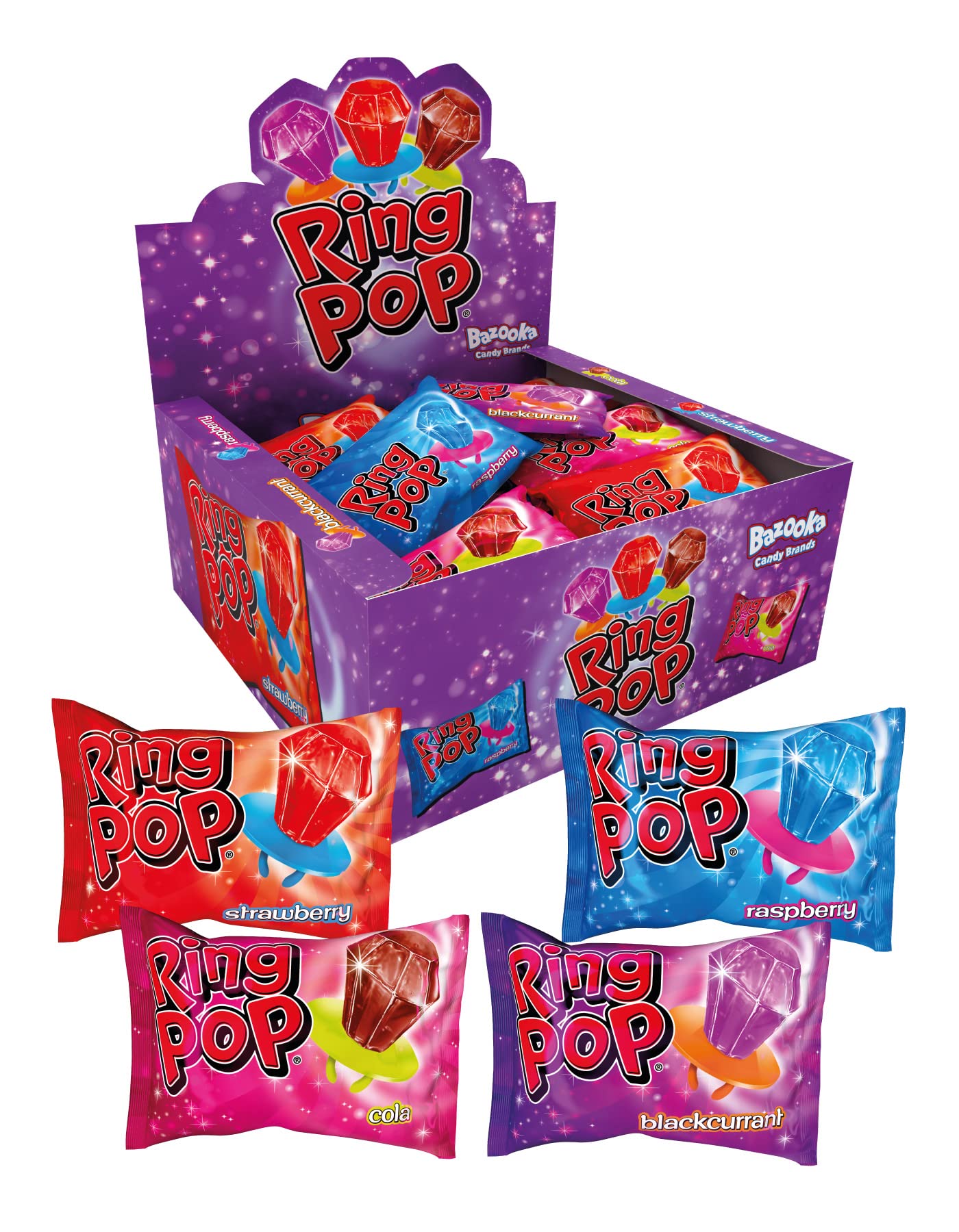 ring pop Bazooka Ring Pop Packs Cola, Raspberry, Strawberry & Cola Flavor (24 X 15G)