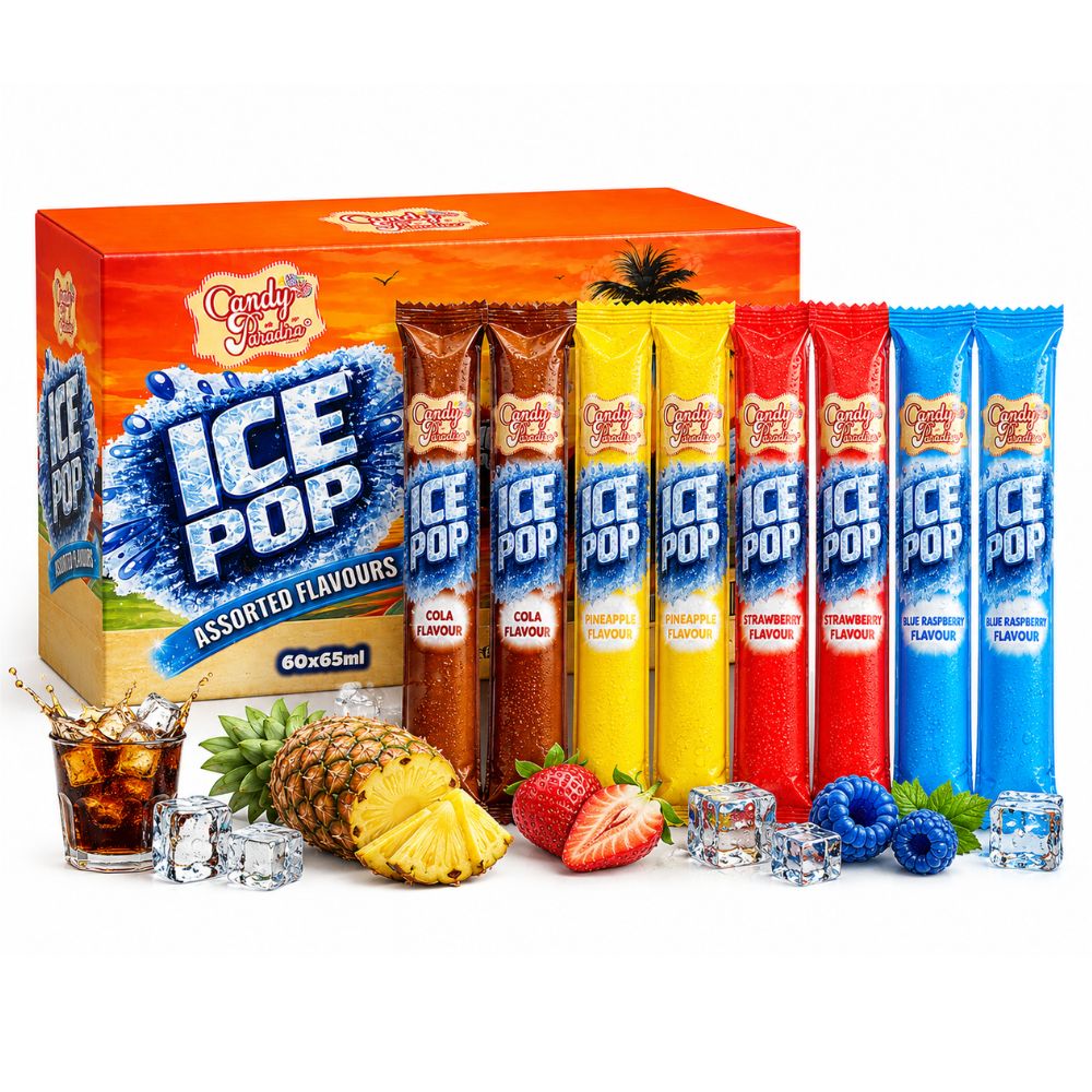 candy paradise assorted flavour ice pops water glucose fructose syrup acids citric acid malic acid acidity regulator sodium citrate preservative potassium sorbate sweeteners aspartame acesulfame k 4 Candy Paradise Ice Pops 60x65ml