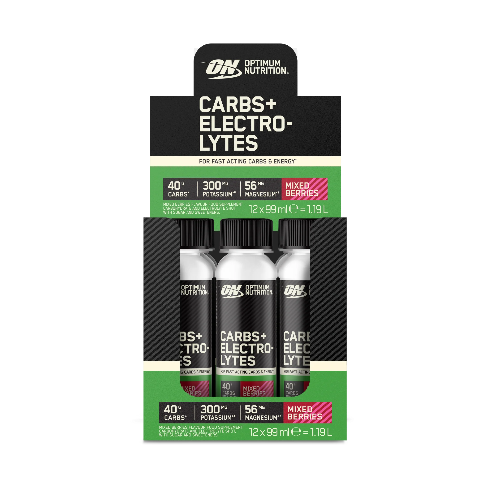 electrolytecarbsshotberry box front 1 Optimum Nutrition Carbs + Electrolytes Shot Mixed Berries (12x99ml)